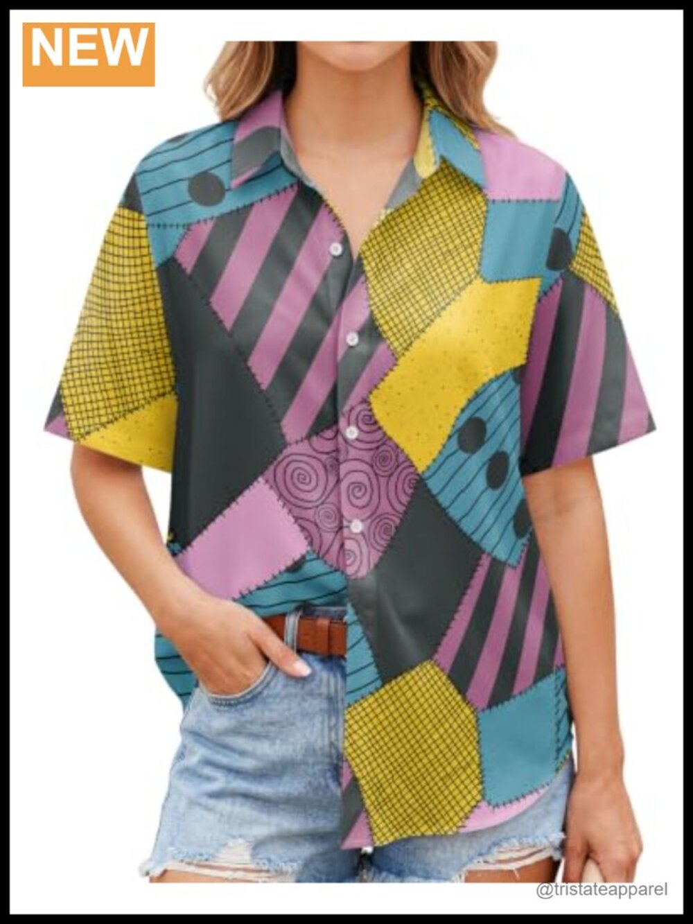 Novelty Skull Print Blouse V-Neck Button Down Short Sleeve 4-Way Stretch